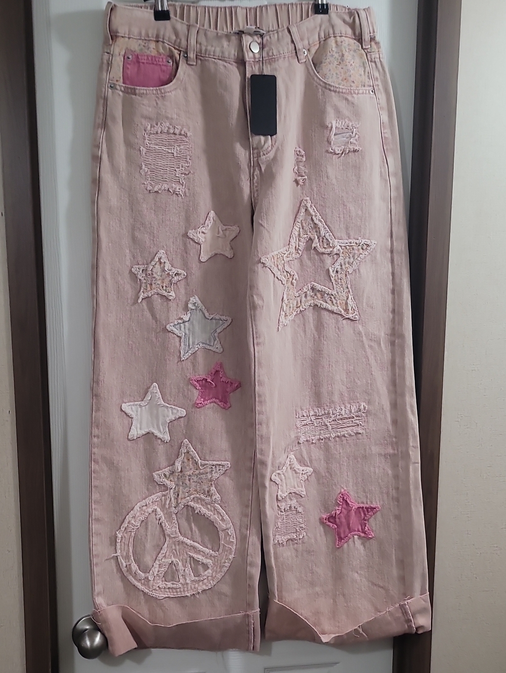 Oli & Hali Jeans Women’s Pink Star-Appliqué Relaxed Jeans